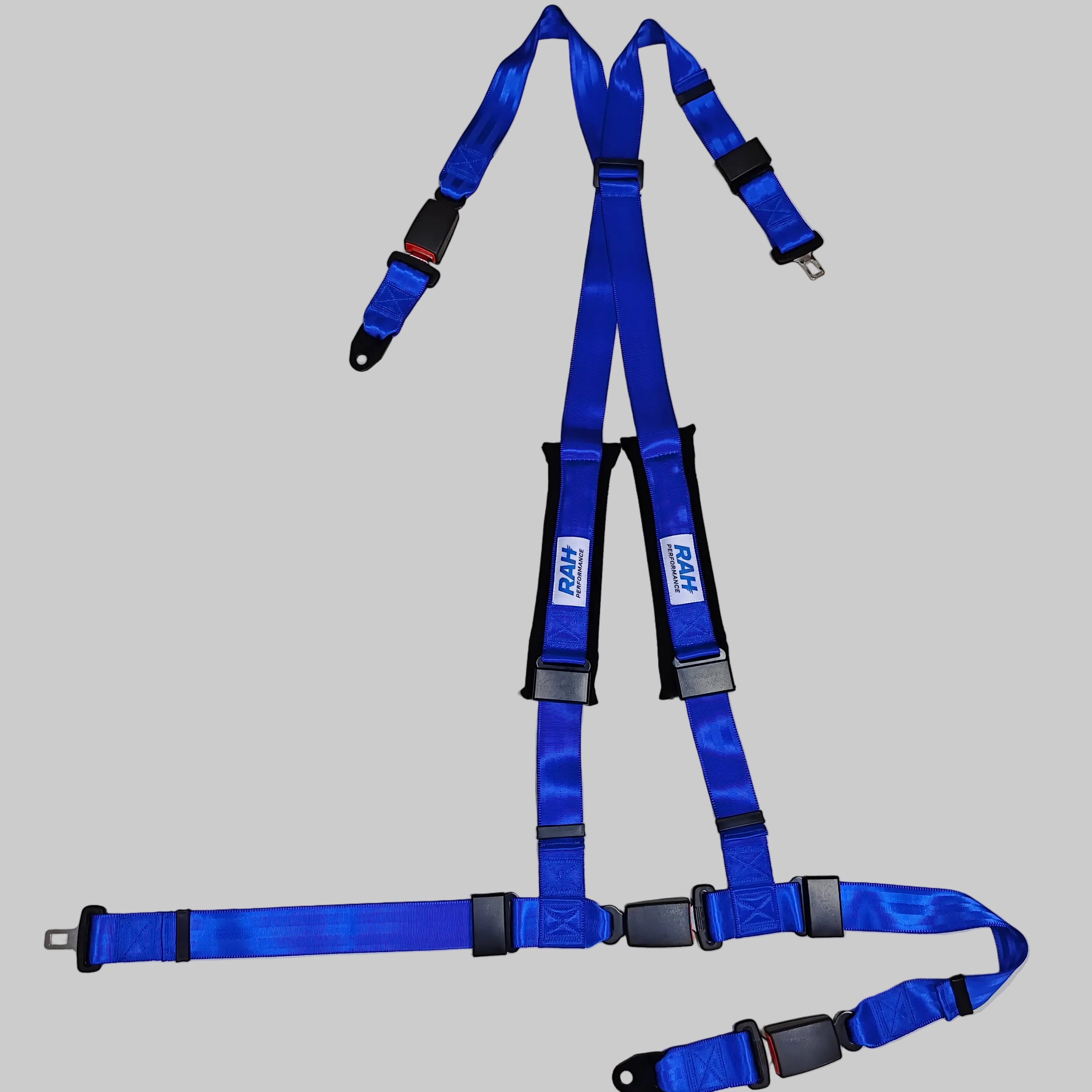 Blue safety harness with black straps on a white background