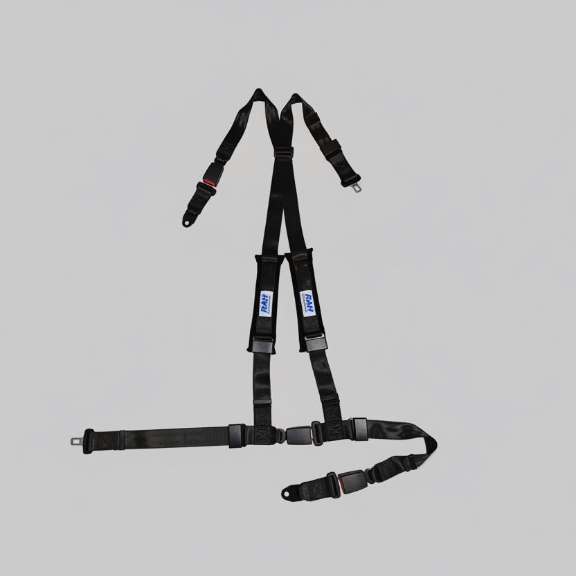 black safety harness with black straps on a gray background