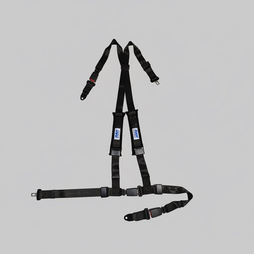 black safety harness with black straps on a gray background