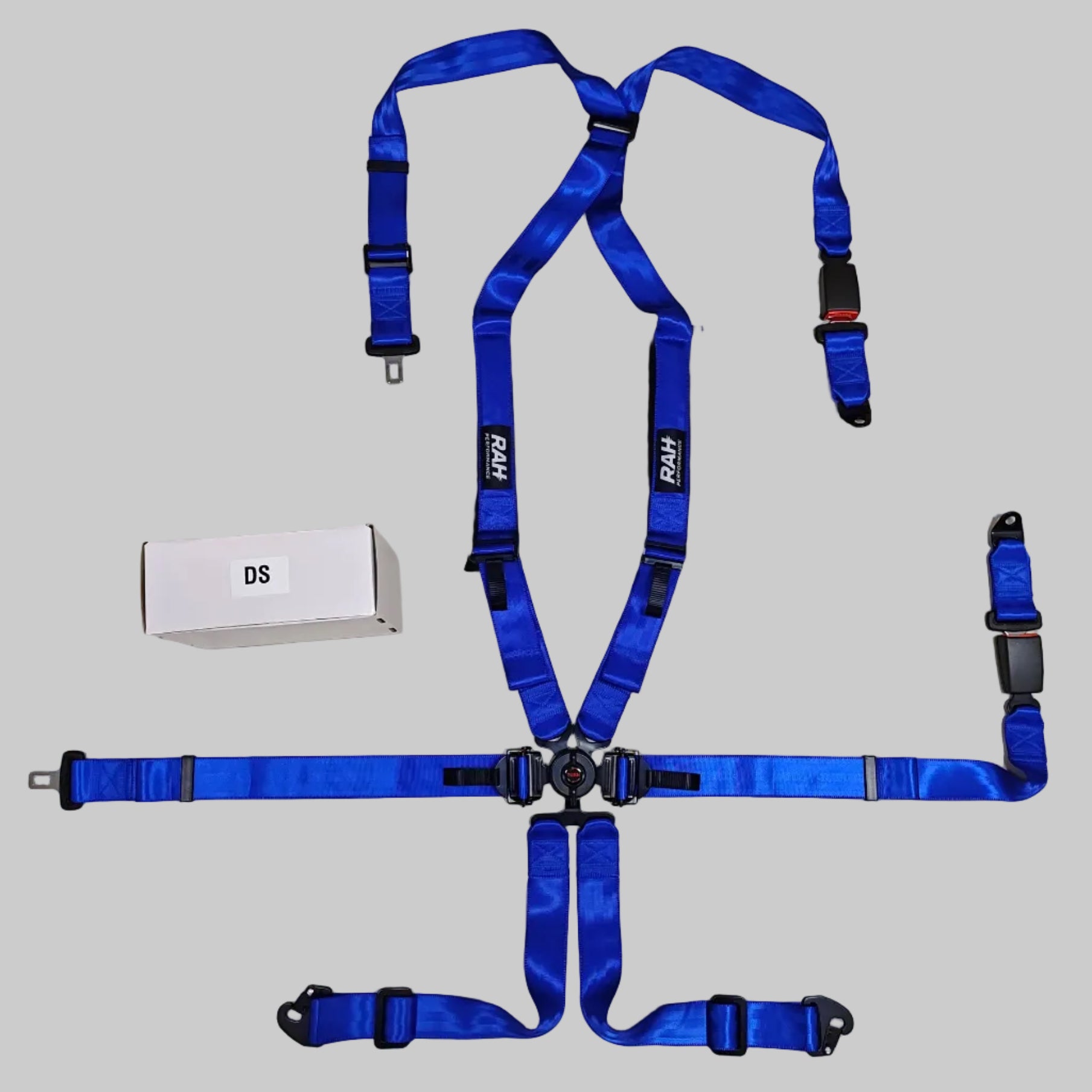Blue 5-point harness with black D-rings on a white background