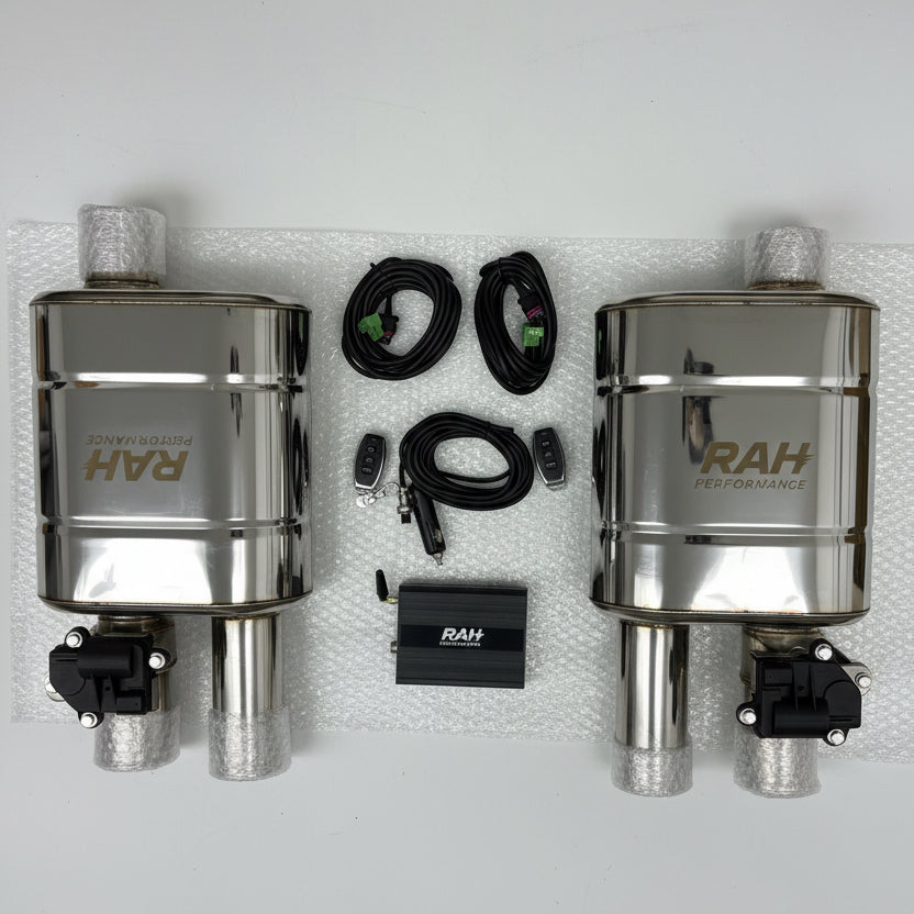 RAH Performance exhaust system with components on a white surface