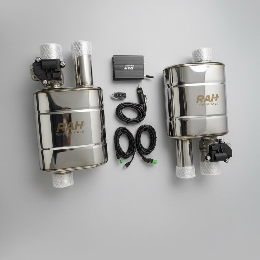 RAH exhaust system components on a gray background