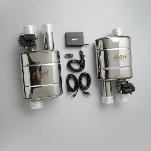 RAH exhaust system components on a gray background
