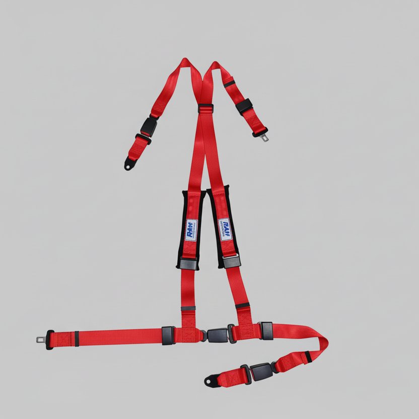 red safety harness with black straps on a gray background