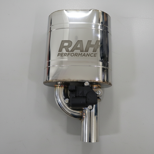 A polished chrome metal air filter canister with 'RAH PERFORMANCE' printed on the side, mounted on a silver bracket with a black plastic connector, set against a metallic gray background.