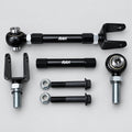 A set of black metal automotive suspension or steering components, including ball joints, U-bolts, and mounting hardware, arranged on a light gray background. The components feature the white printed brand name 'RAH'.