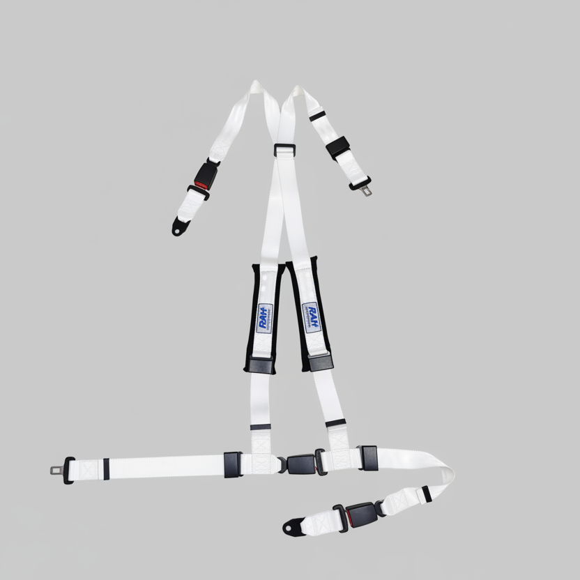 White safety harness with black straps on a gray background