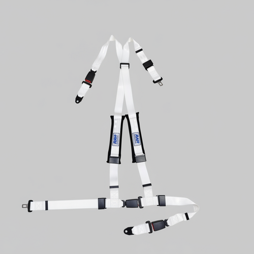 White safety harness with black straps on a gray background